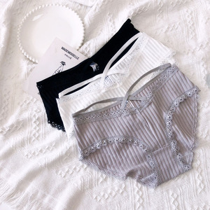 ins性感黑白冷淡风禁欲少女纯棉交叉绑带镂空蕾丝花边三角内裤女