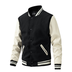 Casual Baseball Jackets 秋冬休闲棒球领拼色夹棉PU袖大码夹克男