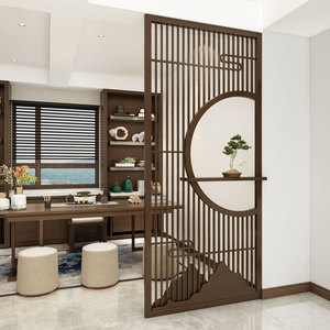 新中式实木屏风隔断客厅茶室遮挡入户玄关进门镂空木格栅假山装饰