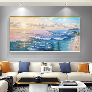 海景日出客厅横版装饰画纯手绘油画大海海浪风景沙发背景墙挂画