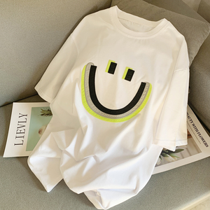 短袖t恤女白色打底衫内搭笑脸时尚洋气韩版宽松大版夏季欧货上衣