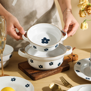 舍里日式小蓝花餐具盘子家用陶瓷吃饭碗创意双耳碗汤碗面碗炒菜盘