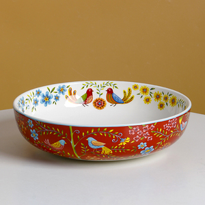 美式陶瓷盘子创意田园风红色花鸟圆形平盘家用深汤菜盘水果点心盘