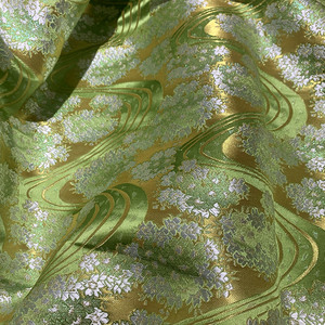 西阵织金襕绿色银闪溪樱花水面料日本和风家手帐袋茶垫作和服布料