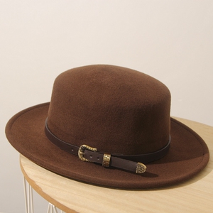 复古咖啡色平顶帽纯羊毛帽英伦帽宽檐小礼帽百搭秋冬帽子潮毛毡帽