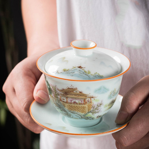 陶瓷影青釉三才盖碗茶杯单个不烫手薄胎高端家用功夫茶具茶碗小号