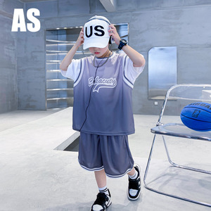 韩国AS品牌正品男童夏装速干篮球服套装2024新款儿童夏季渐变衣服