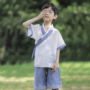 稚子言原创汉服男童夏季薄款短袖套装唐装男童小童短裤男孩夏菘蓝