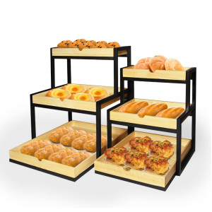 三层阶梯松木展架面包超市水果化妆品服装花卉展示架可定制