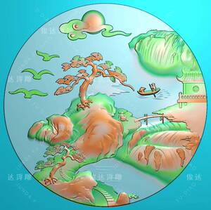 玉雕图圆形山水牌 圆牌山水风景 环心玉雕图浮雕图精雕图jdp