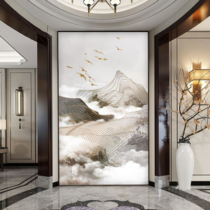 现代3d玄关新中式背景墙壁纸抽象意境大气山水墙纸线条竖版壁画