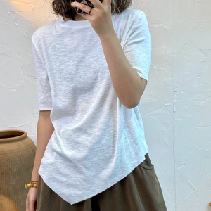 螺纹短袖圆领t恤女夏季新款糖果色显瘦薄款不规则下摆宽松上衣