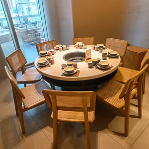 火锅桌子电磁炉一体大理石商用无烟餐厅烧烤店实木餐桌椅组合定制