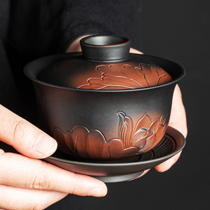 紫陶三才盖碗手工大号泡茶碗单个复古敬茶高端茶具陶瓷茶杯坭兴陶