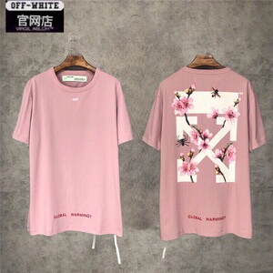 【5折美国】off 19ss white粉色樱花印花花卉短袖t恤ow男女短袖