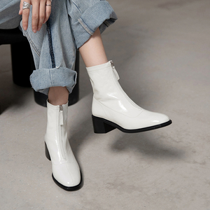 女士全牛皮白色短靴女真皮复古粗跟方头中跟短筒前拉链春秋单靴