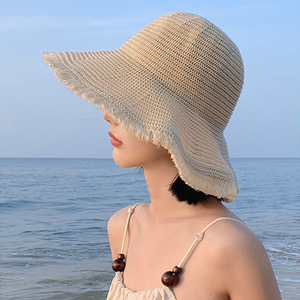 度假风草编帽子女夏季遮阳户外沙滩海边出游拍照大檐显脸小渔夫帽