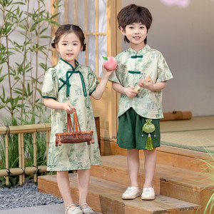 儿童汉服夏季男童中国风新中式套装女童旗袍唐装幼儿园朗诵演出服