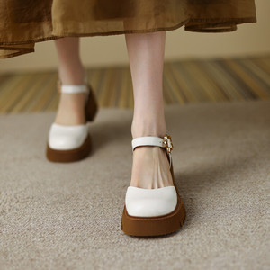 琴小闲真皮厚底松糕凉鞋春夏新款包头包跟一字带女鞋高跟玛丽珍鞋