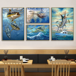 海鲜餐厅挂画深海鱼金枪鱼装饰画钓鱼馆手绘油画路亚鱼海钓壁画