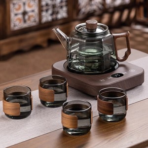 高颜值透明玲珑茶壶木纹炉小巧型自动保温加厚防爆玻璃茶水壶礼盒