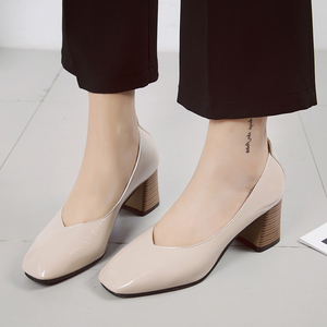 正品官方大东旗舰店2019春款高跟粗跟方头韩版女鞋子女单鞋浅口低