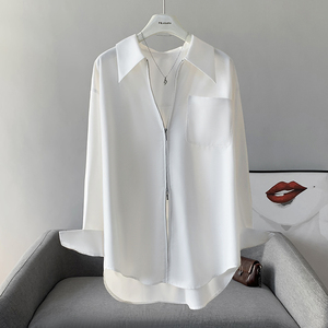 尖领白色衬衫女垂感双向拉链上衣2024春秋新款设计感小众长袖衬衣
