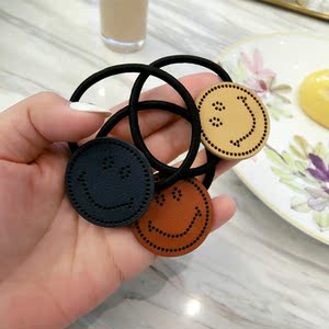 韩国进口发饰饰品潮流时尚简约百搭可爱笑脸纯皮质地圆形发圈头绳