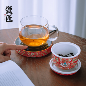 瓷匠加厚三件式陶瓷过滤花茶杯泡茶杯耐热玻璃杯茶水分离杯子