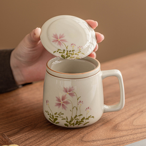 极素手绘小雏菊马克杯带盖茶水分离杯子陶瓷办公室泡茶杯个人定制