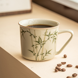 极素手绘翠绿文竹咖啡杯陶瓷茶杯家用小巧下午茶具喝水杯子马克杯