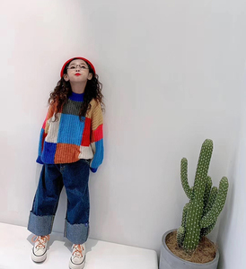 韩国品牌童装女童男童2020年秋装新款彩色拼接毛衣可亲子
