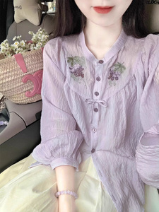 法式紫色灯笼袖刺绣棉麻防晒衬衫女夏季薄款衬衣设计感小众上衣夏