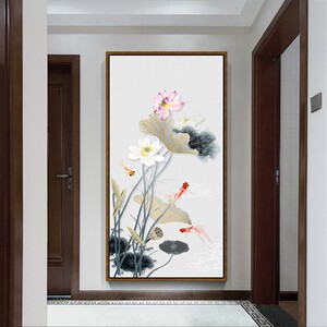 手绘油画荷花新中式玄关花卉装饰画客厅入户竖版走廊过道挂画壁画
