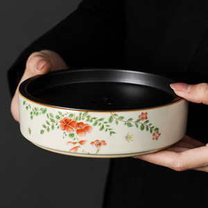 汝窑大红花中式复古陶瓷壶承高端盖碗茶杯圆形壶托可蓄水式干泡台