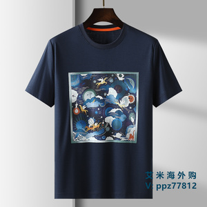 hermes/爱马仕 夏季新款男士运动休闲印花图案logo圆领短袖t恤