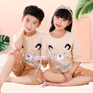 夏季儿童睡衣男孩纯棉套装薄款家居服男童夏装女童大童七分裤女孩
