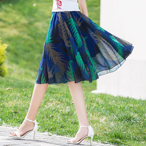 半身裙夏女中裙2022新款高腰半截裙花裙子a字雪纺百褶短裙大摆裙