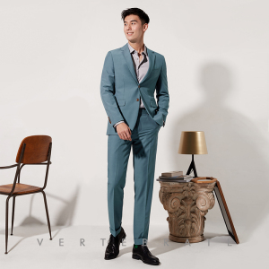 脊椎动物男装莫兰迪色系气质晚波蓝色修身西装卷边十分裤两件套装