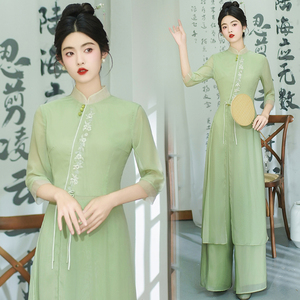 新中式女装国风唐装汉服夏改良奥黛旗袍两件套禅意茶服茶艺师服装