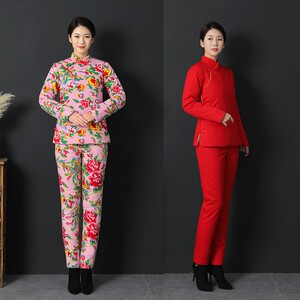 女偏襟棉衣棉裤套装加厚纯棉花大花修身斜襟棉袄立领盘扣大襟棉服