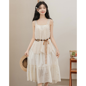 韩系甜美镂空针织背心+吊带连衣裙子小香风套装配腰带女夏季新款