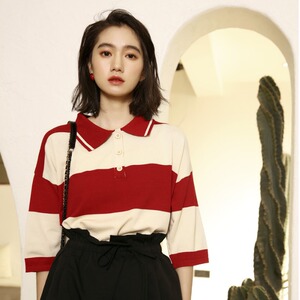 港风粗横条纹七分袖t恤女polo衫宽松百搭上衣三粒扣复古风tee撞色
