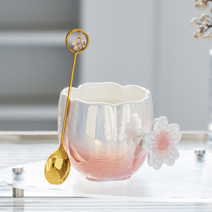 珠光樱花陶瓷马克杯高颜值送女生日礼物实用水杯带勺早餐咖啡杯子