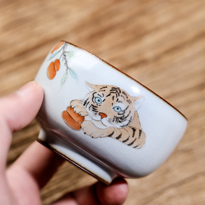 汝窑景德镇手绘老虎主人杯单杯女功夫茶杯陶瓷品茗杯个人专用茶具