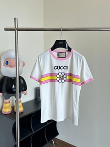 Gucci/古驰24春夏新款胸前字母logo太阳花刺绣拼色圆领短袖T恤女