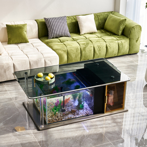 麦提斯高端钢化玻璃鱼缸茶几家用客厅长方形可收纳移动智能全实木