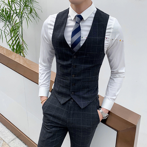 格子马甲男春秋季西装衬衫马甲两件套装伴郎服装兄弟团结婚礼服