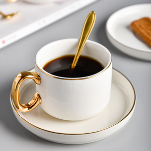 欧式小奢华咖啡杯套装白色金边咖啡杯带勺精致下午茶杯
