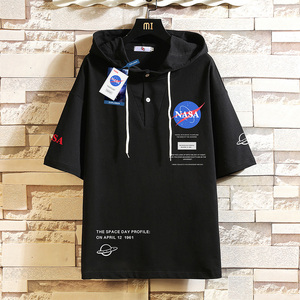 NASA联名连帽短袖t恤男夏季宽松大码带帽五分袖卫衣冰丝半袖体恤